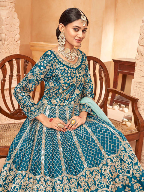 Teal Blue Silk Embroidered Festive Anarkali Suit