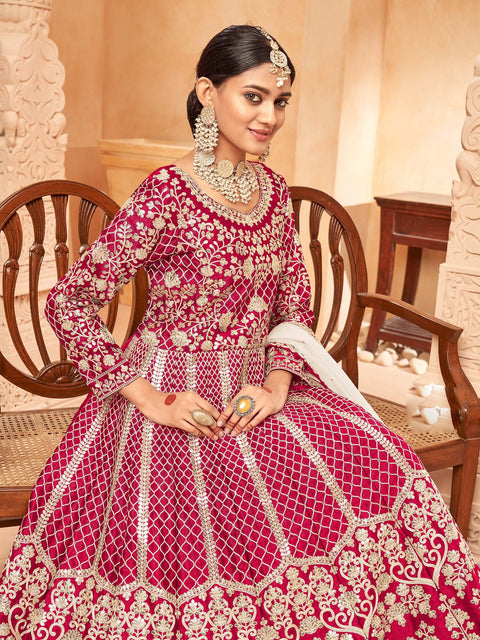 Hot Pink Silk Embroidered Festive Anarkali Suits