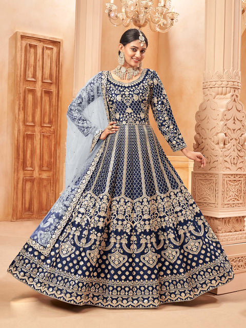 Navy-blue Silk Embroidered Festive Anarkali Suit