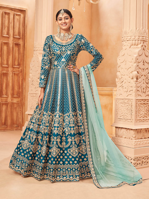 Teal Blue Silk Embroidered Festive Anarkali Suit