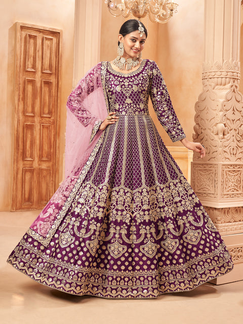 Purple Silk Embroidered Festive Anarkali Suit