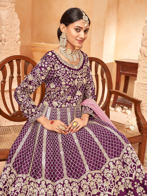 Purple Silk Embroidered Festive Anarkali Suit