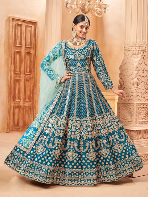 Teal Blue Silk Embroidered Festive Anarkali Suit