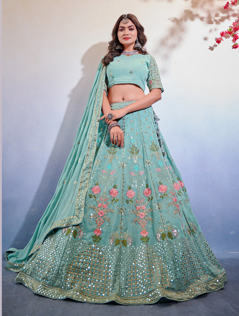 Sky Blue Sequence Embroidered Georgette Lehenga Choli