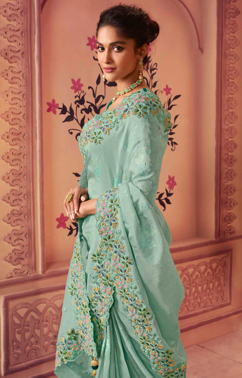 Teal Blue Festive Wear Silk Saree With Tassels