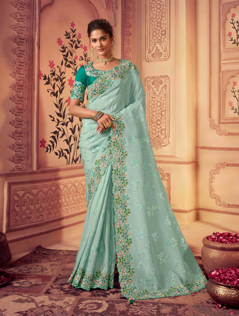 Teal Blue Festive Wear Silk Saree With Tassels