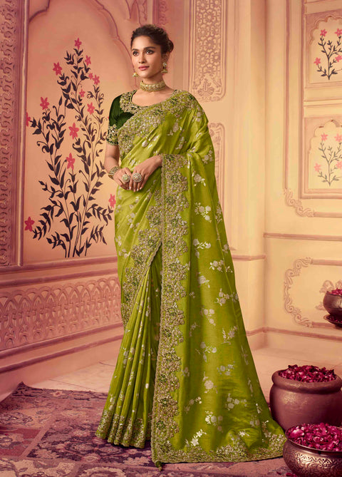Green Festive Wear Silk Saree With Tassels