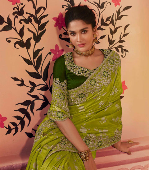 Green Festive Wear Silk Saree With Tassels