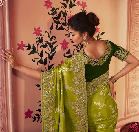 Green Festive Wear Silk Saree With Tassels