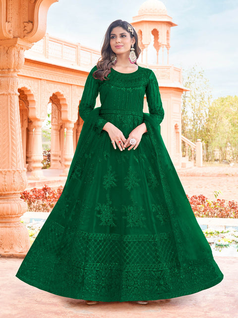 Green Embroidered Georgette Partywear Gown