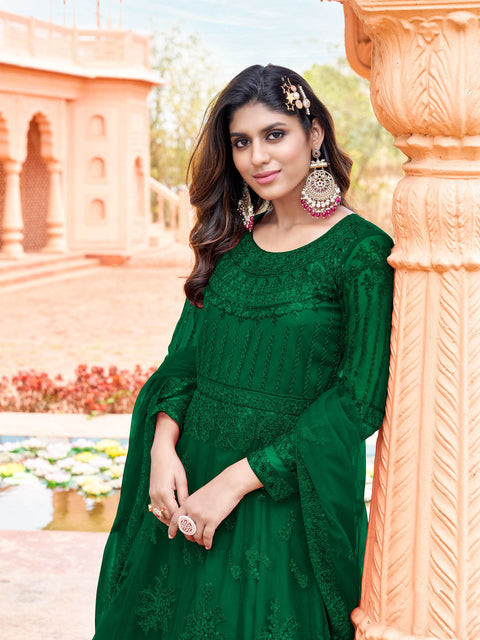 Green Embroidered Georgette Partywear Gown