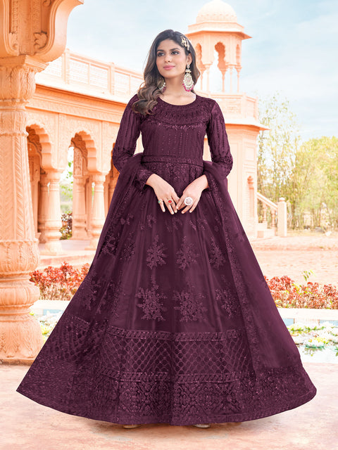 Purple Embroidered Georgette Partywear Gown