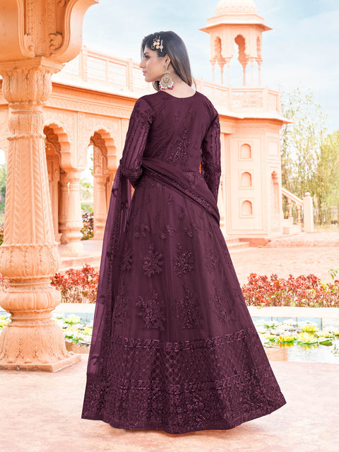 Purple Embroidered Georgette Partywear Gown