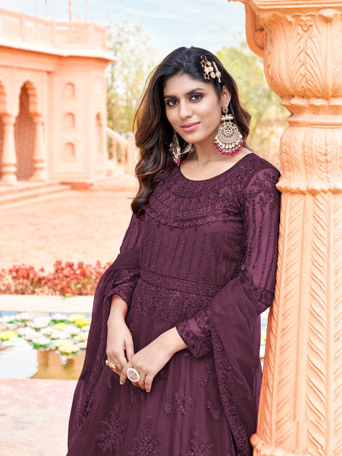 Purple Embroidered Georgette Partywear Gown
