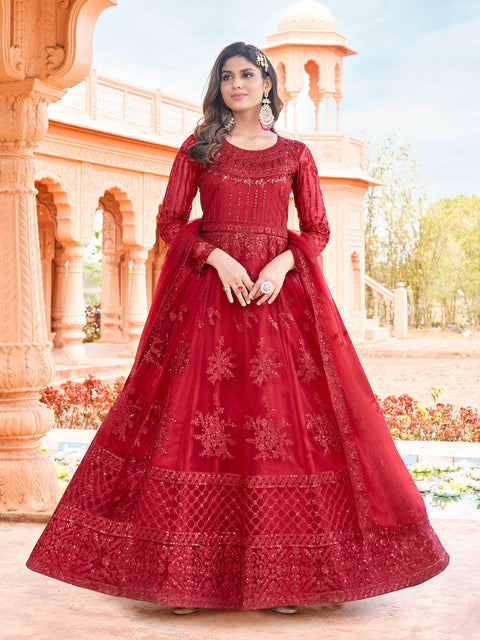 Red Embroidered Georgette Partywear Gown