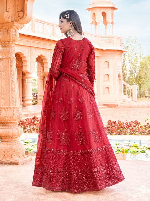 Red Embroidered Georgette Partywear Gown
