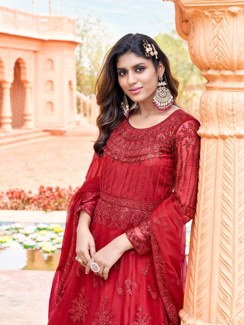 Red Embroidered Georgette Partywear Gown