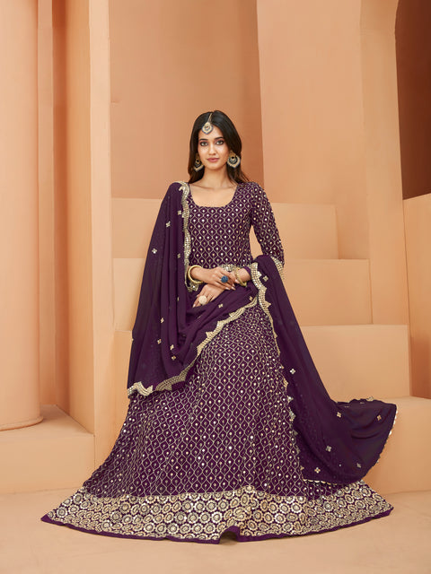 Purple Partywear Embroidered Georgette Anarkali Suit