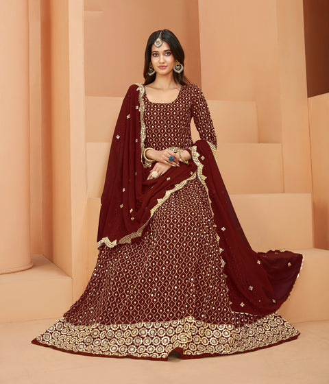 Maroon Partywear Embroidered Georgette Anarkali Suit