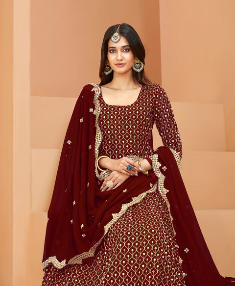 Maroon Partywear Embroidered Georgette Anarkali Suit