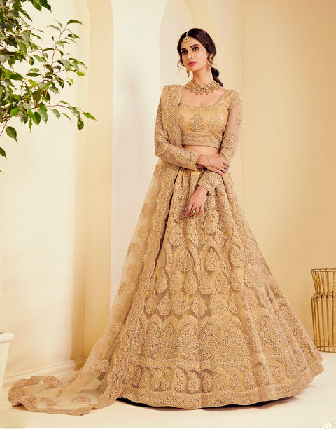 Golden Heavy Embroidered Net Designer Lehenga