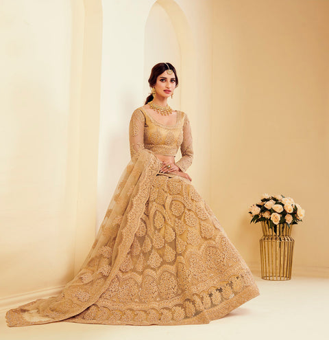 Golden Heavy Embroidered Net Designer Lehenga