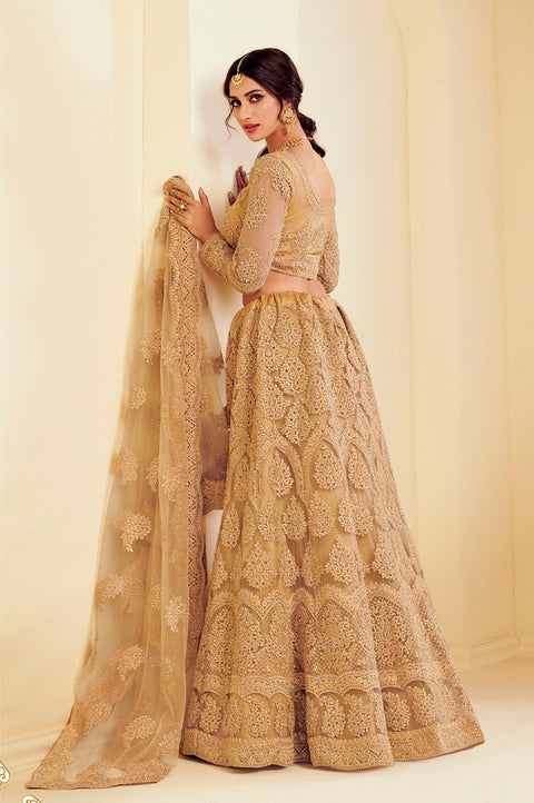 Golden Heavy Embroidered Net Designer Lehenga