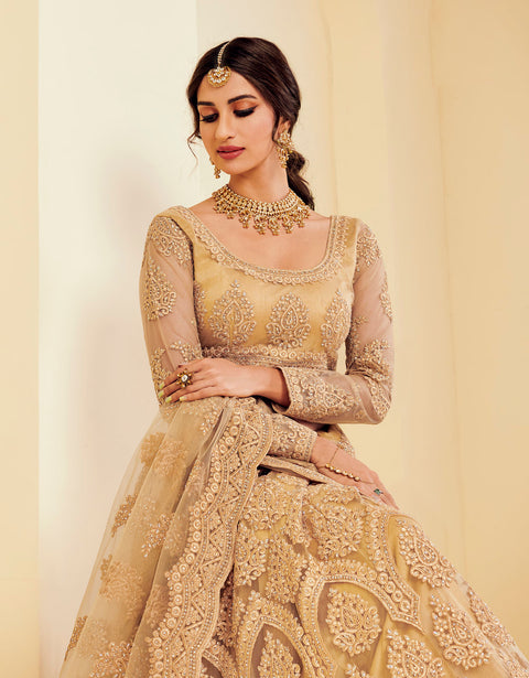 Golden Heavy Embroidered Net Designer Lehenga