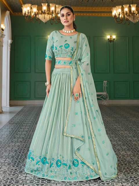 Georgette Aqua Blue Thread Trendy Lehenga Choli