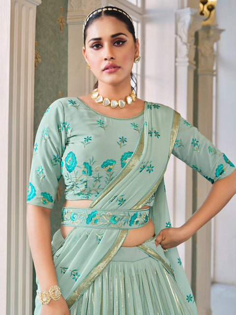 Georgette Aqua Blue Thread Trendy Lehenga Choli