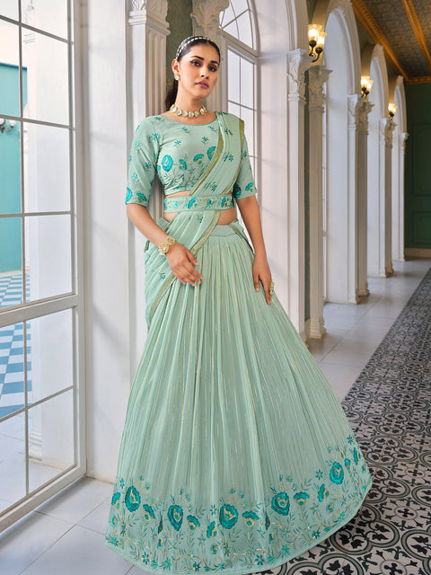 Georgette Aqua Blue Thread Trendy Lehenga Choli