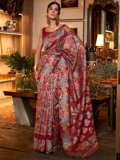 Maroon Kashmiri Modal Handloom Weaving Saree With Blouse