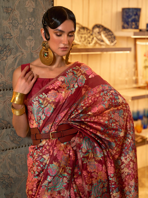 Maroon Kashmiri Modal Handloom Weaving Saree With Blouse