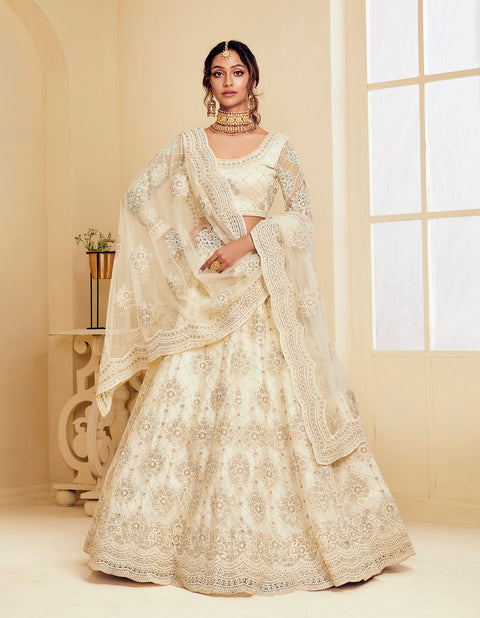 Off White Heavy Embroidered Net Lehenga Choli Set